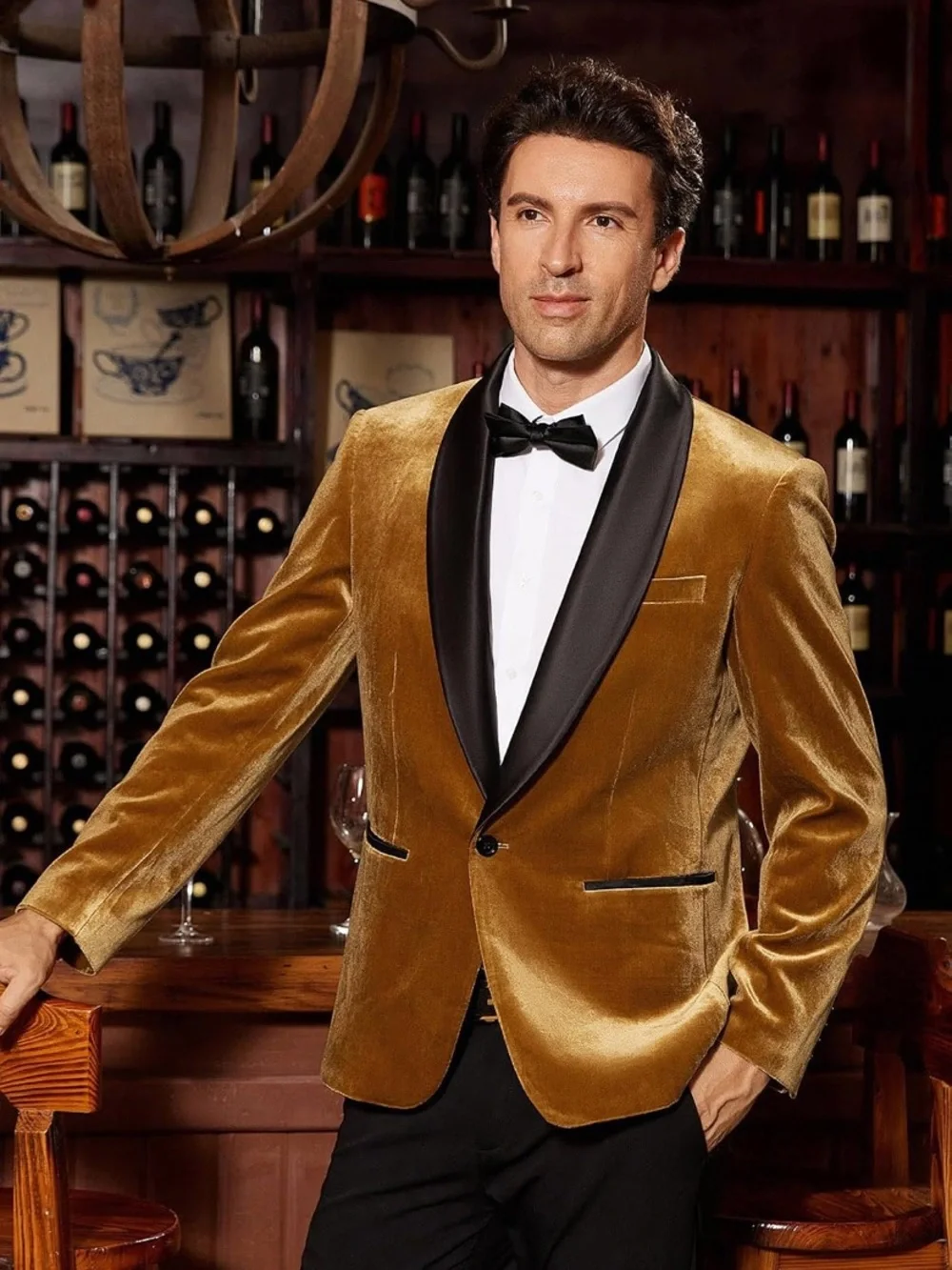 Grace Karin Gold Velvet Blazer with Black Satin Shawl Lapel